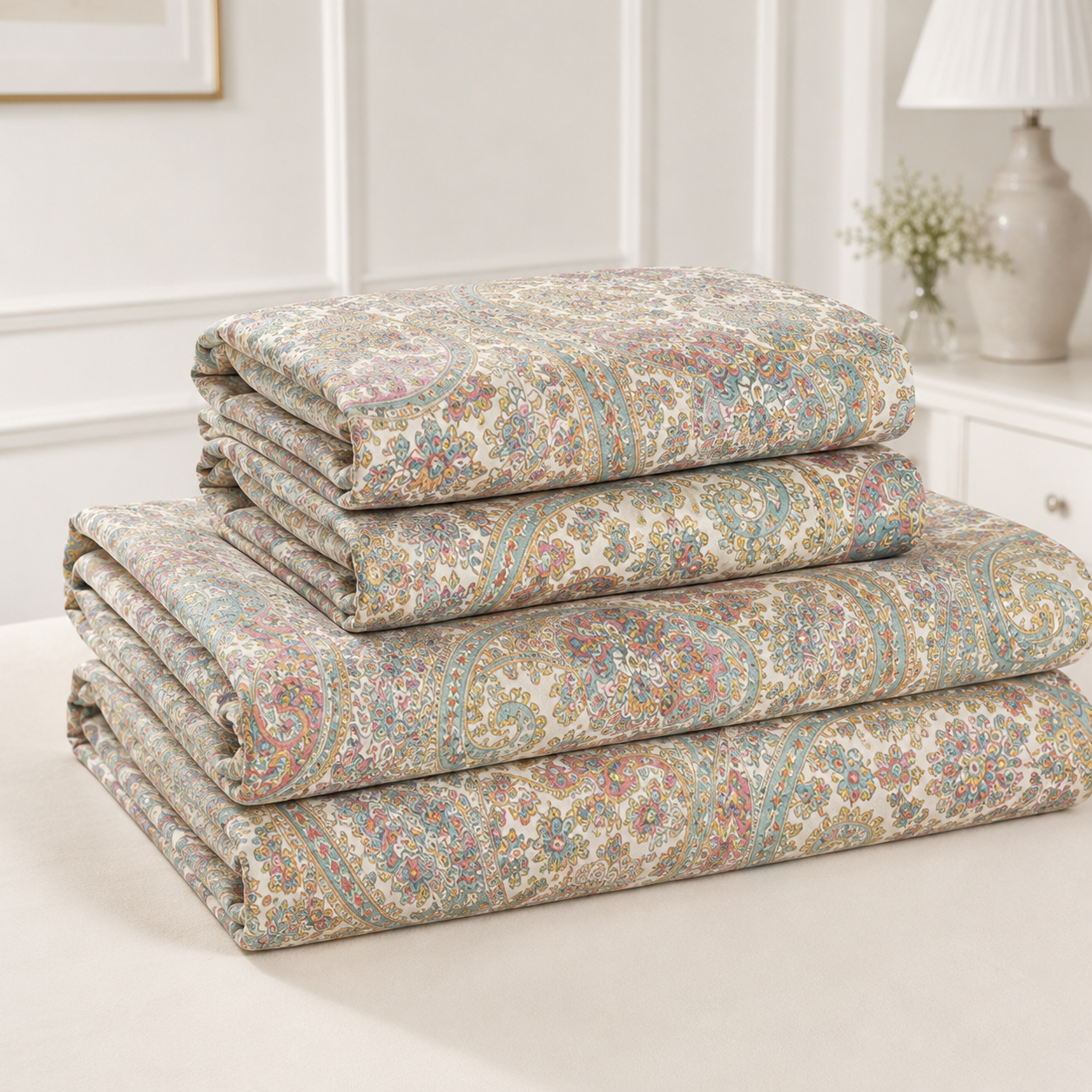 Aarniva Polyester Bedsheet Set | King/Queen | Soft & Breathable | Pastel Paisley | 4-Piece Set