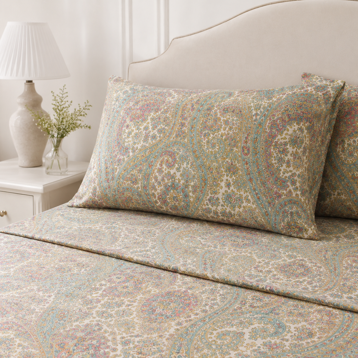 Aarniva Polyester Bedsheet Set | King/Queen | Soft & Breathable | Pastel Paisley | 4-Piece Set