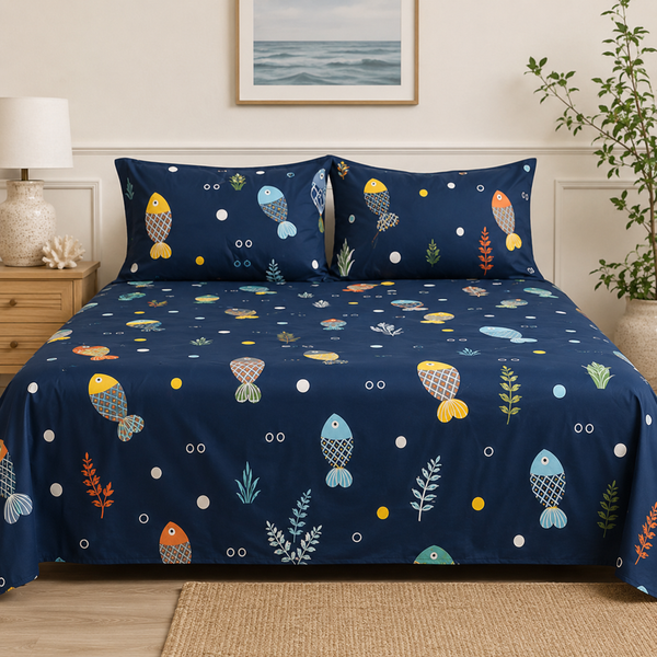 Aarniva Polyester Bedsheet Set | King/Queen | Soft & Breathable | Deep Sea | 4-Piece Set
