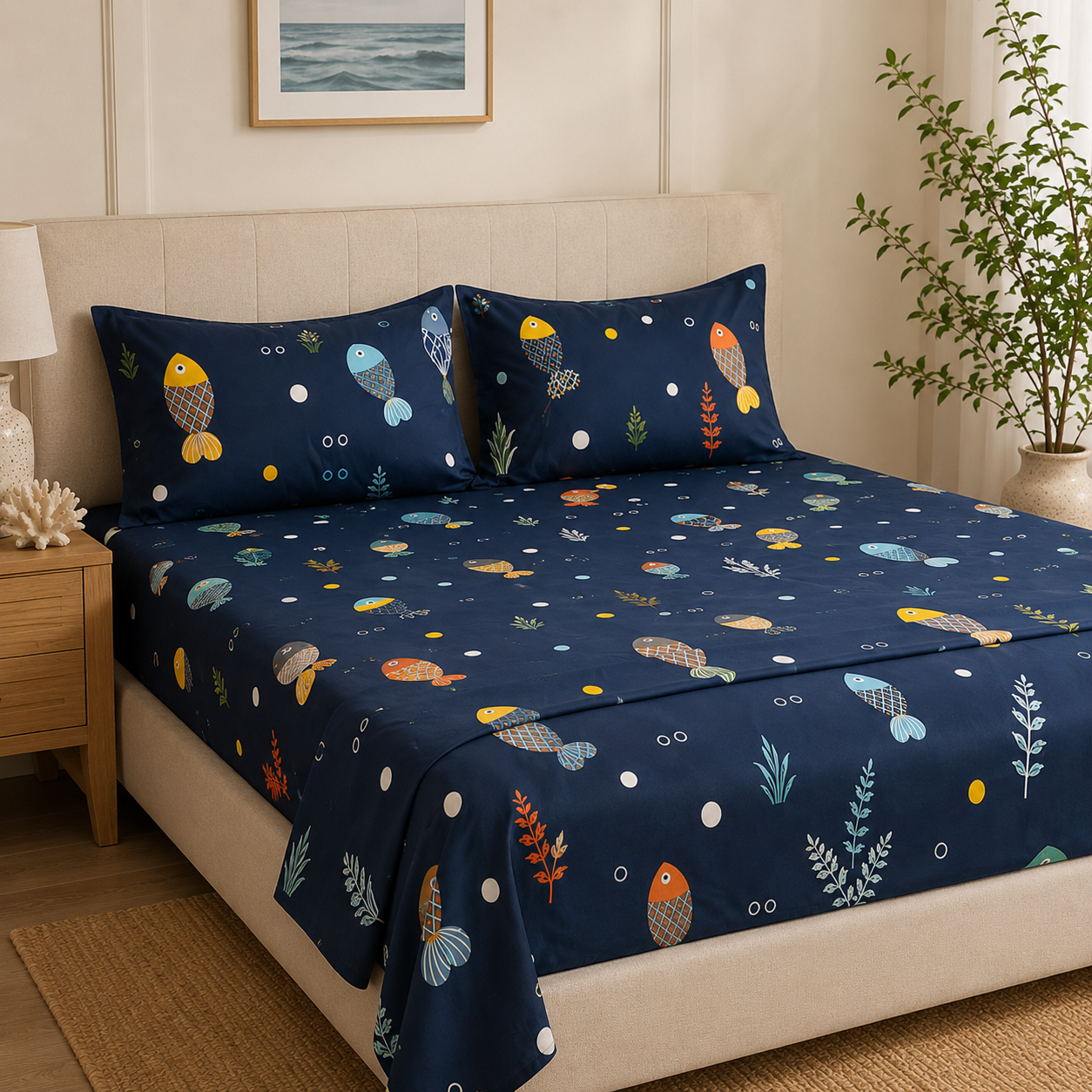 Aarniva Polyester Bedsheet Set | King/Queen | Soft & Breathable | Deep Sea | 4-Piece Set