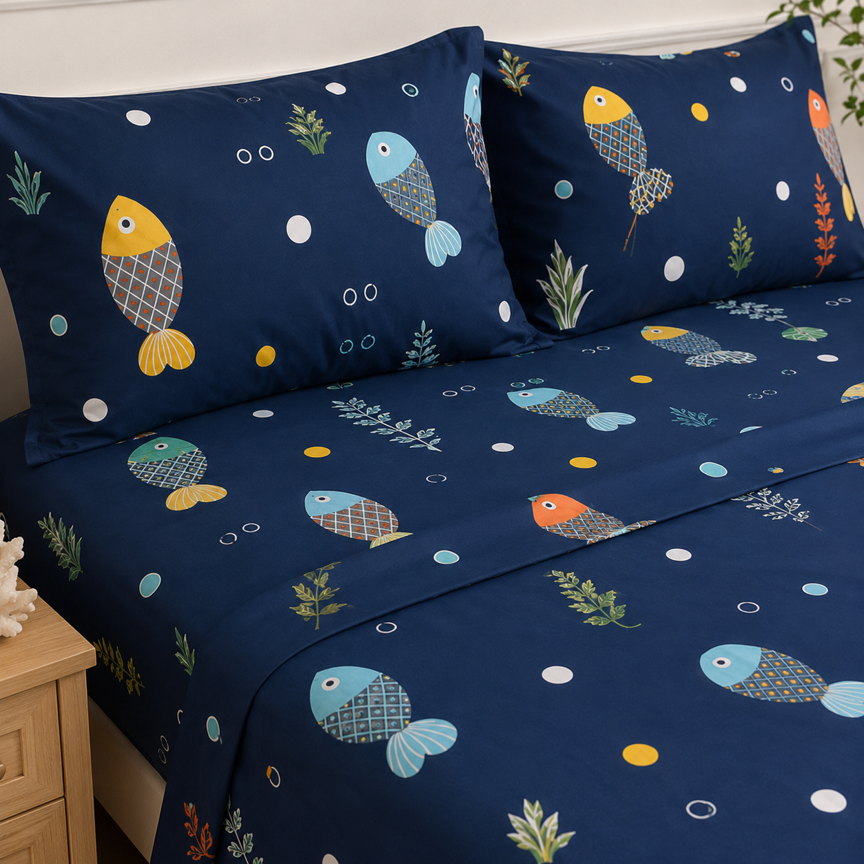 Aarniva Polyester Bedsheet Set | King/Queen | Soft & Breathable | Deep Sea | 4-Piece Set