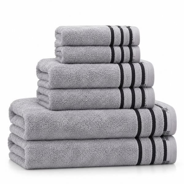 Aarniva Striped Bath, Hand & Face Towel Set | Soft & Absorbent | Decorative Stripe Borders | 6-Piece Set