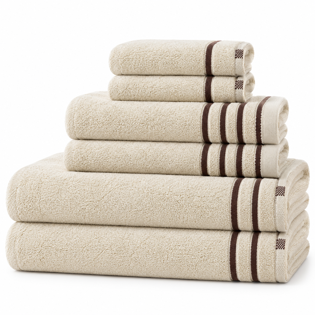 Aarniva Striped Bath, Hand & Face Towel Set | Soft & Absorbent | Decorative Stripe Borders | 6-Piece Set