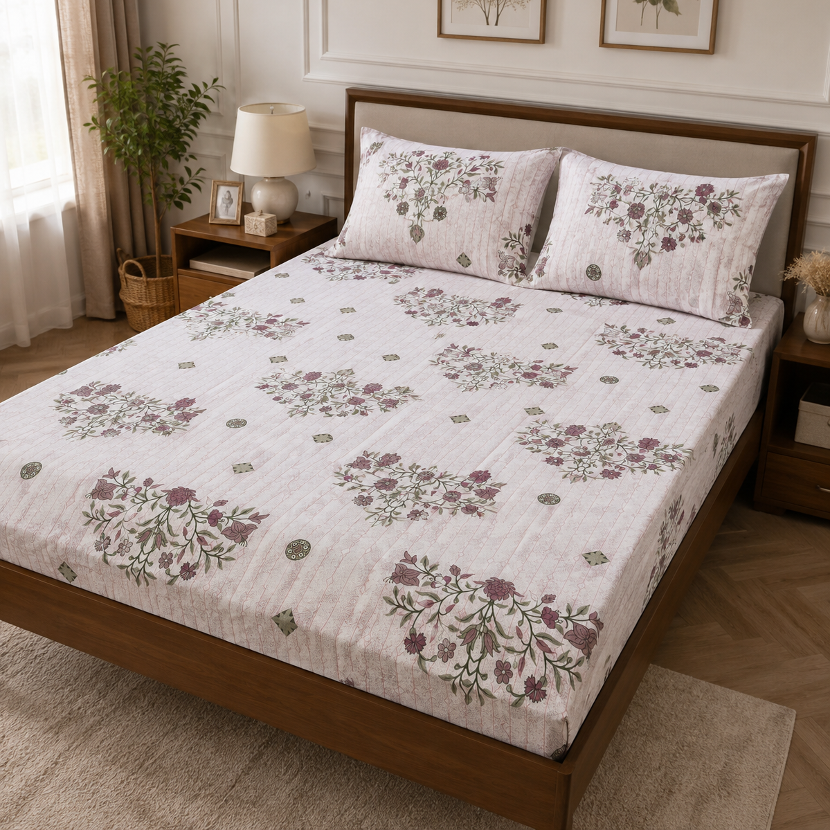 Aarniva 100% Cotton Floral Bouquet Bedsheet Set | King/Queen | Soft & Breathable | Antique Rose | 200 TC | 6-Piece Set
