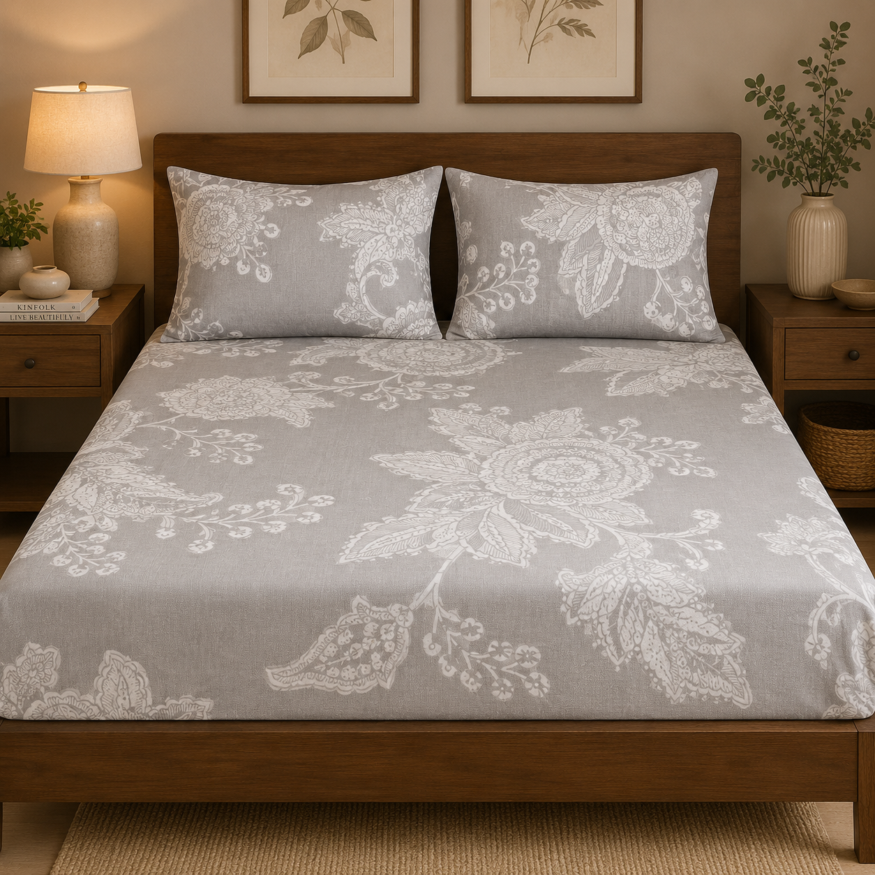 Aarniva 100% Cotton Ornamental Floral Bedsheet Set | King/Queen | Soft & Breathable | Stone Grey | 200 TC | 6-Piece Set