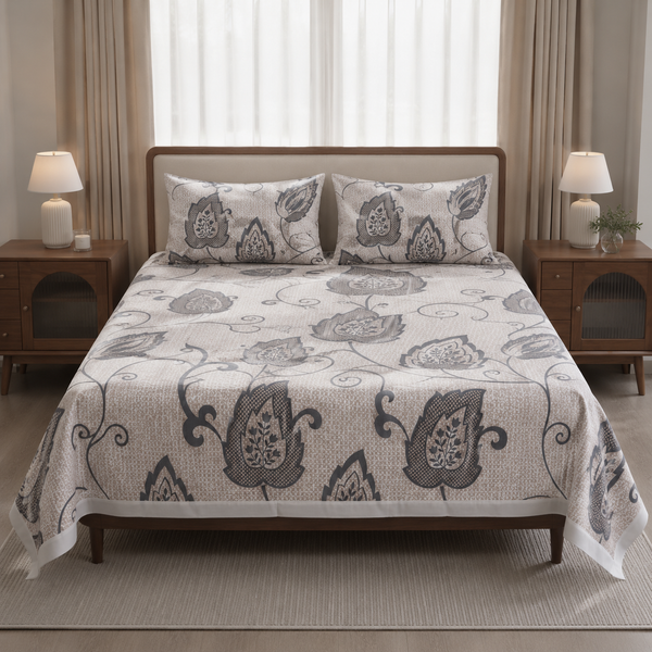 Aarniva 100% Cotton Botanical Paisley Bedsheet Set | King/Queen | Soft & Breathable | Cool Greige | 200 TC | 4-Piece Set