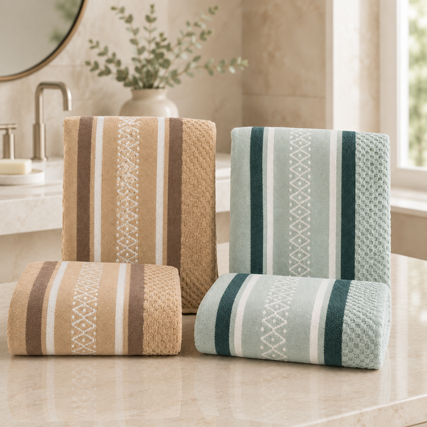 Aarniva 100% Cotton Jacquard Bath Towel Set | Soft & Absorbent | Mixed Sizes | Sage & Warm Beige Stripe | 4-Piece Set