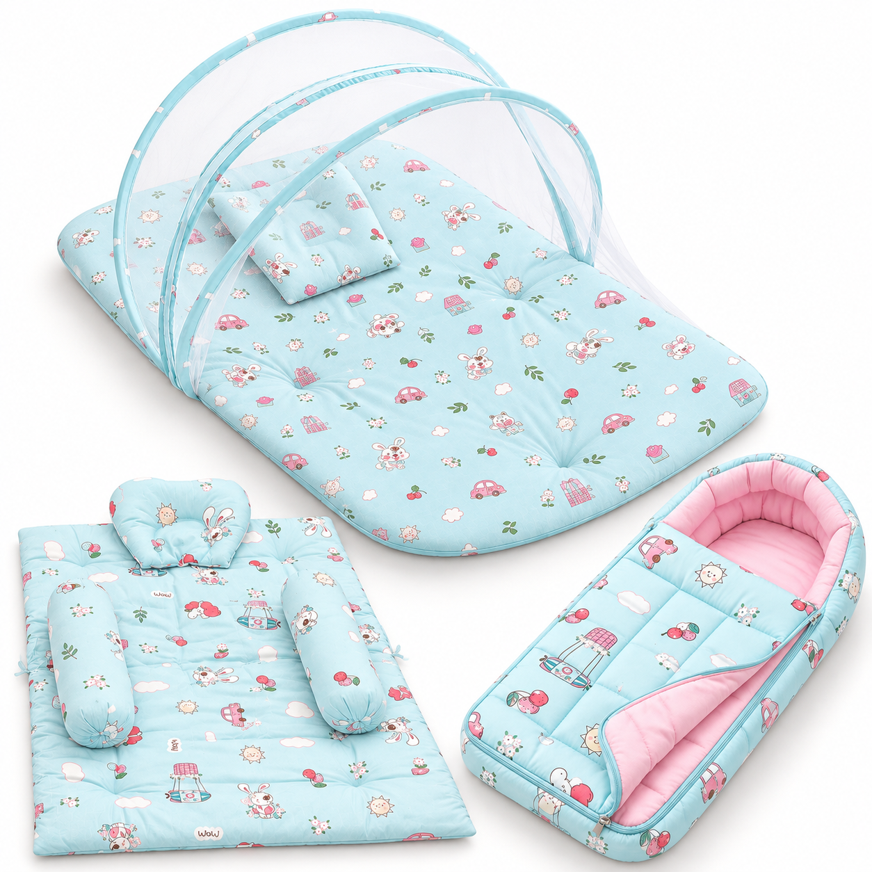 Aarniva Baby Premium Bedding Super Saver Combo | Gadda Set, Mosquito Net Mattress & Sleeping Bag | 100% Cotton | Unicorn Blue | Multi-Piece Set