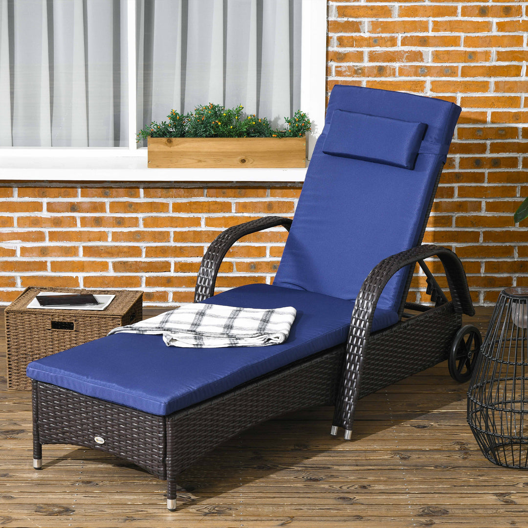Outsunny Outdoor Lounger, Deck Lounge Chair with Headrest, 5-Level Adjustable, Backrest, Wheels, Deep Coffee and Navy Blue
