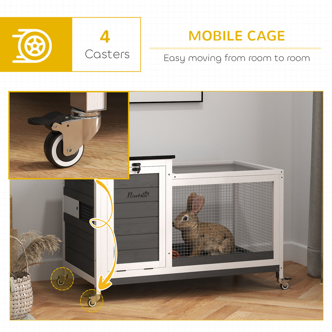 PawHut Wooden Rabbit Hutch with Pull-Out Tray, Asphalt Openable Roof, Small Animal Cage on Wheels with Run, Grey