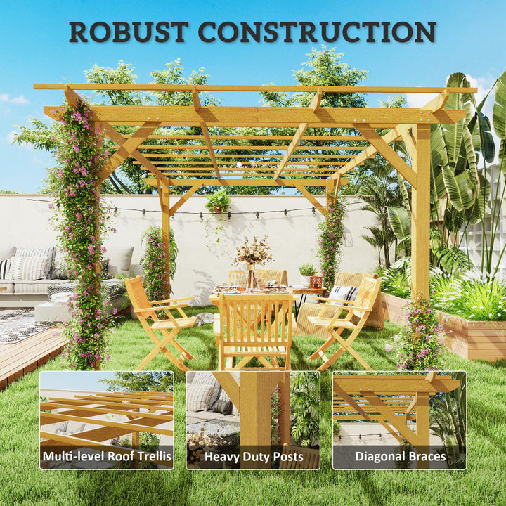 Outsunny 10' x 13' Wood Pergola, Outdoor Gazebo Grape Trellis for Climbing Plant Support, Garden, Patio, Backyard, Nature Wood