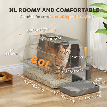 PawHut XL Stainless Steel Cat Litter Box, 80L Kitty Litter Box with Front/Top Entry, Trapping Step, Scoop, for Large Big Cats
