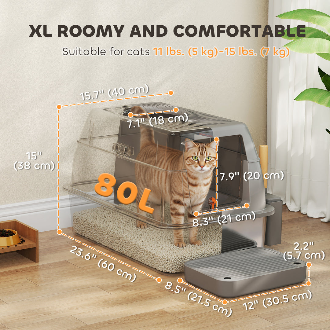 PawHut XL Stainless Steel Cat Litter Box, 80L Kitty Litter Box with Front/Top Entry, Trapping Step, Scoop, for Large Big Cats