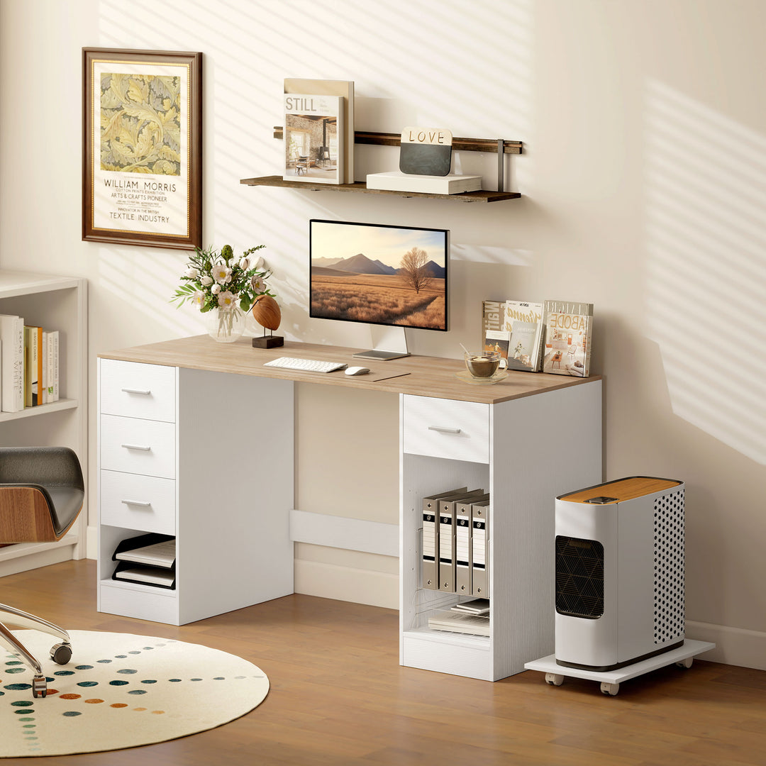 HOMCOM Office Desk, 55" Computer Desk with 4 Reversible Drawers, Mobile PC Stand, Adjustable Shelf, Black Wood Grain