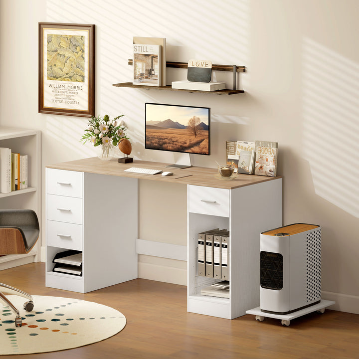 HOMCOM Office Desk, 55" Computer Desk with 4 Reversible Drawers, Mobile PC Stand, Adjustable Shelf, Black Wood Grain