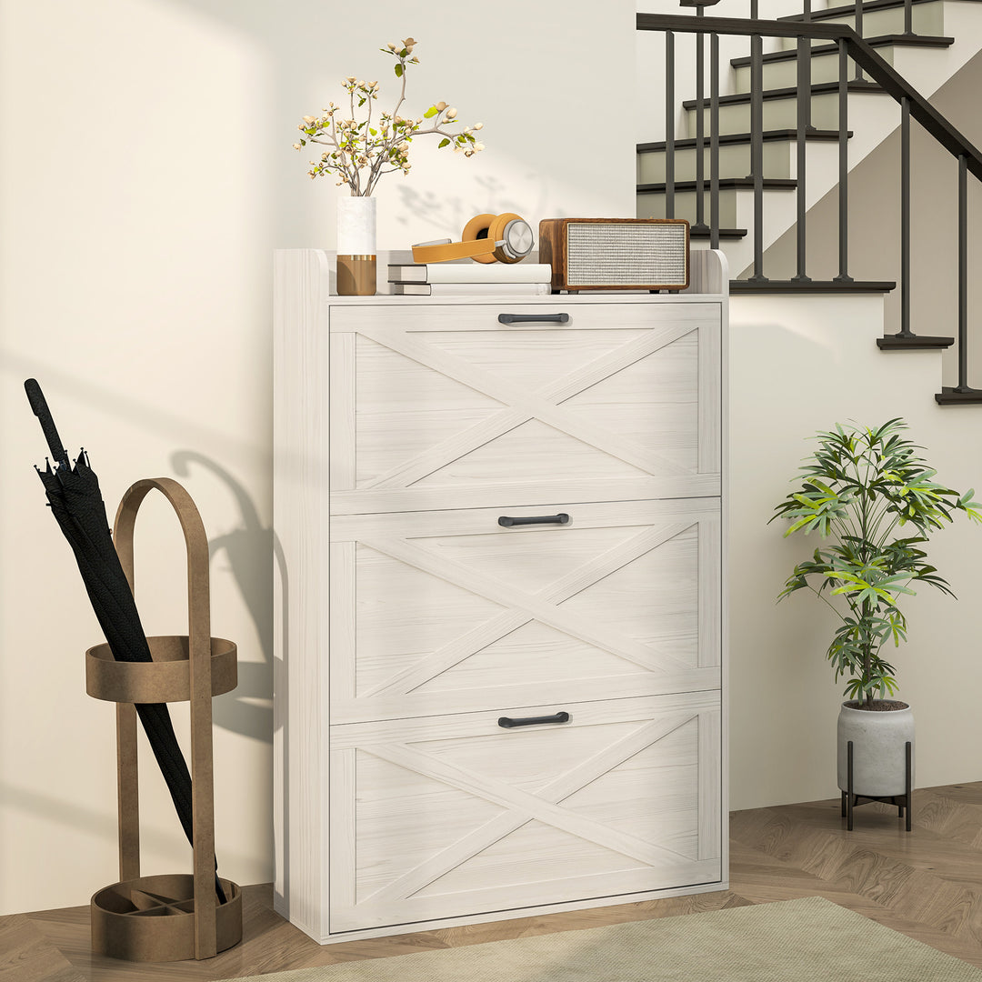 HOMCOM Narrow Shoe Storage Cabinet Farmhouse Shoe Cabinet with 3 Flip Drawers Adjustable Shelves for Entryway White Oak