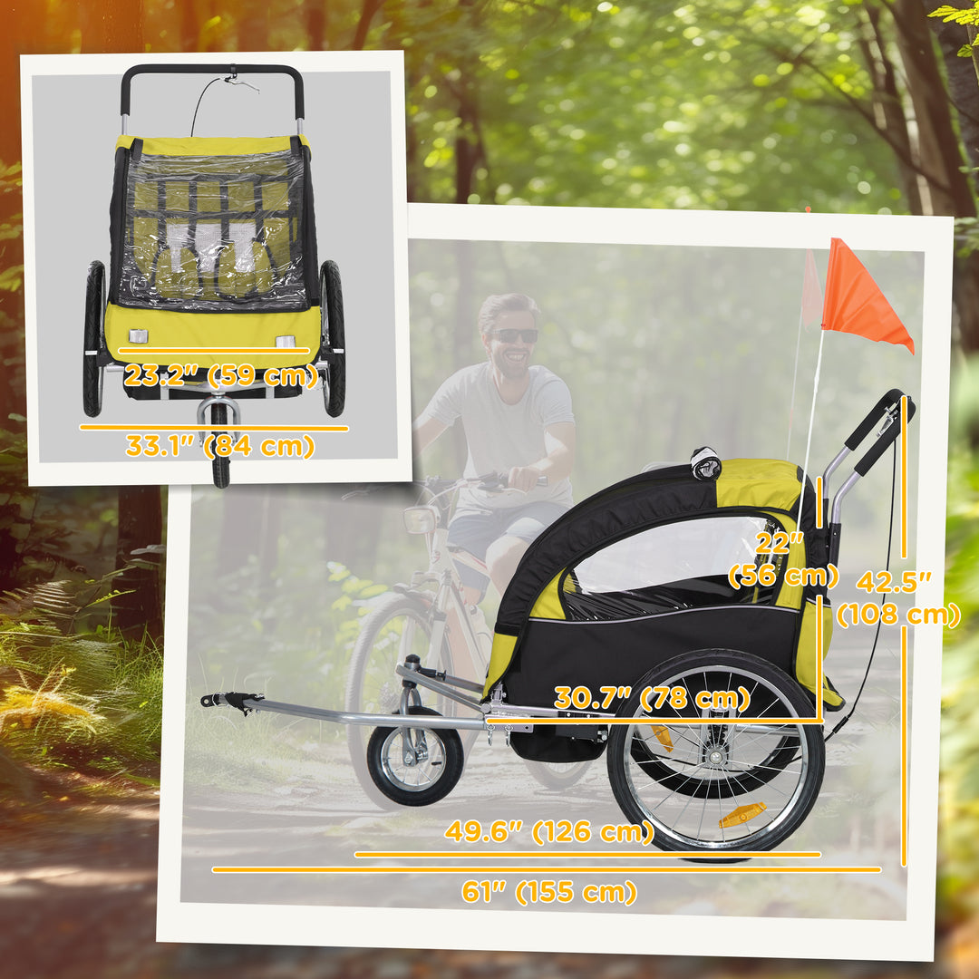 Aosom 2-in-1 Bike Trailer for Kids, Foldable 2-Seat Baby Stroller with 5-Point Harness, Rubber Wheels, Storage Bag, Yellow