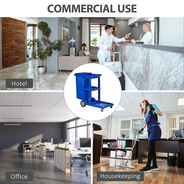 HOMCOM Commercial Janitorial Cart with 3 Tier Shelves Professional Cleaning Trolley with Rubbish Bag with Lid and Mop Mount for Hotel, Restaurant, Office,  47.75"x20"x39.25", Blue