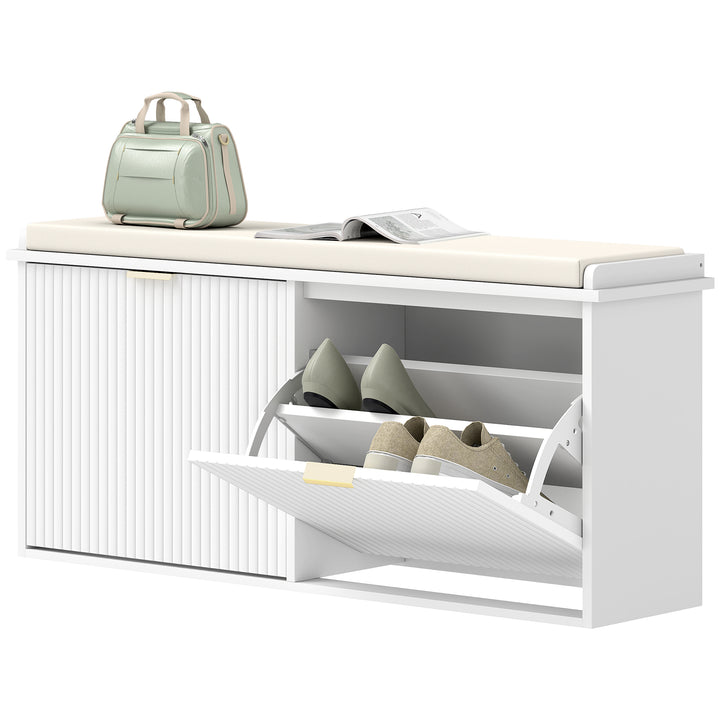 HOMCOM Entryway Bench with Padded Seat and Flip-Drawers, Holds up to 529lbs, Shoe Storage Bench for 10 Pairs of Shoes, White
