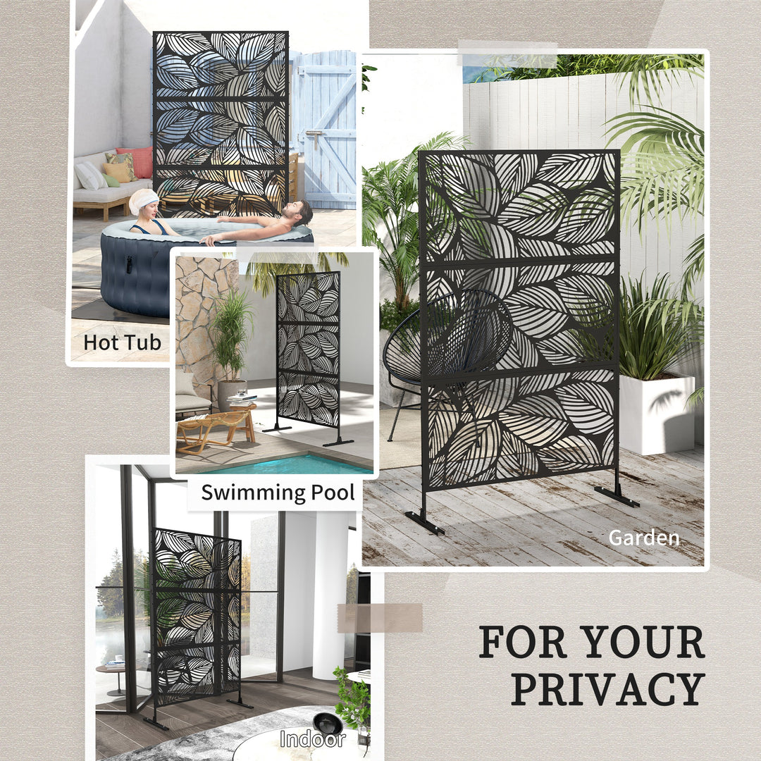 Outsunny 6.5FT Decorative Outdoor Divider, Metal Privacy Screen with Stand, Leaf Style, Black