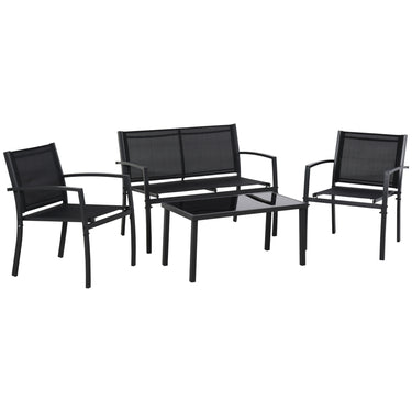 Outsunny 4-Piece Patio Furniture Set with Glass Top Coffee Table, Breathable Mesh Seat & Backrest for Garden, Balcony, Black