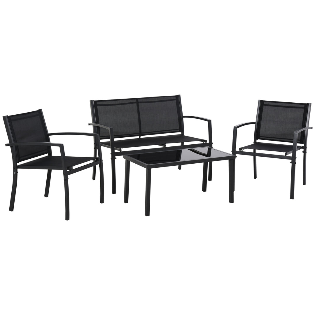 Outsunny 4-Piece Patio Furniture Set with Glass Top Coffee Table, Breathable Mesh Seat & Backrest for Garden, Balcony, Black