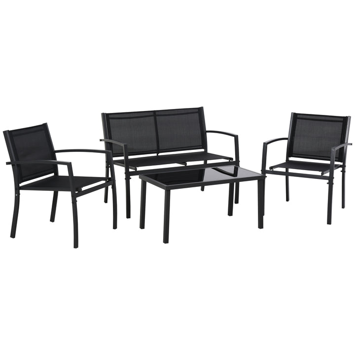 Outsunny 4-Piece Patio Furniture Set with Glass Top Coffee Table, Breathable Mesh Seat & Backrest for Garden, Balcony, Black