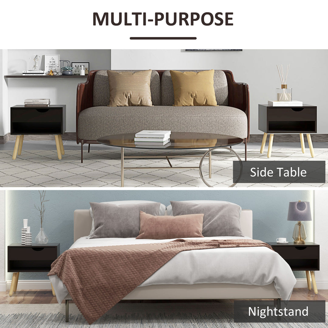 HOMCOM Set of 2 Bedside Table with Drawer and Shelf, Modern Nightstand with Wooden Legs, End Table for Bedroom, White