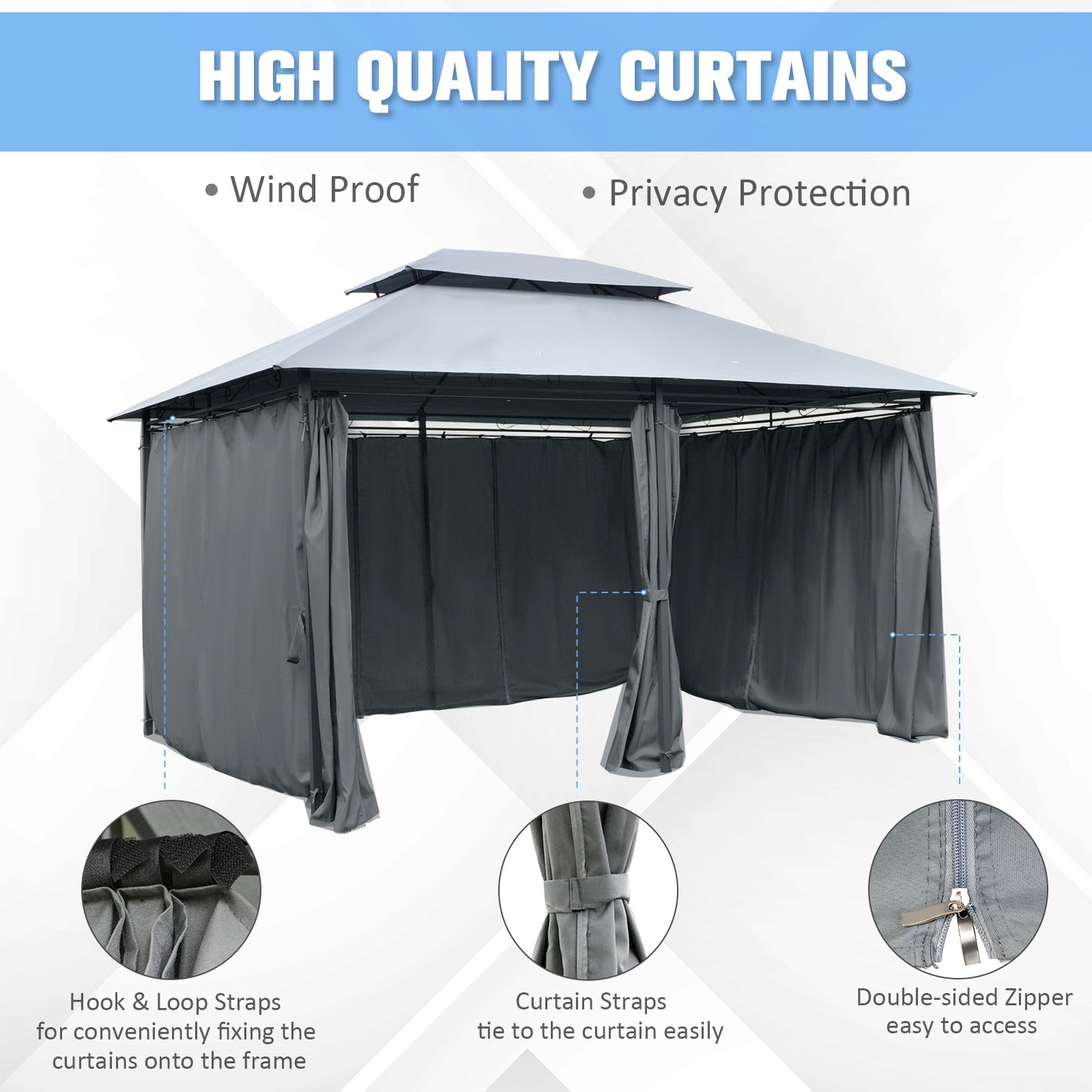 Outsunny 13'L x 10'W x 8.7'H Patio Gazebo Outdoor 2-Tiers Garden Canopy Yard Sunshade Shelter with Curtains, Grey