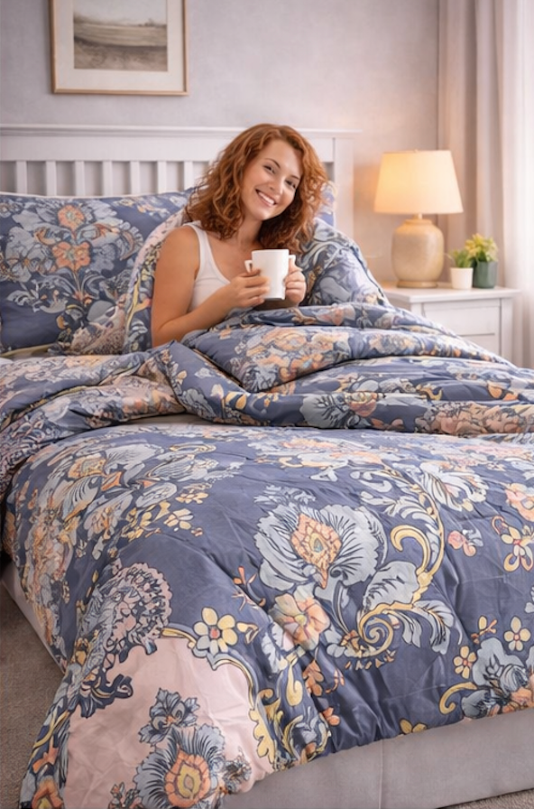 Aarniva Breathable Polyester Comforter Set | King/Queen | 250 GSM | Ultra-Soft & Cozy | Blue Flower Design | Includes 2 Pillow Covers