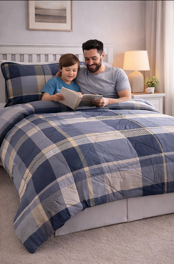 Aarniva Breathable Polyester Comforter Set | King/Queen | 250 GSM | Ultra-Soft & Cozy | Blue Square Design | Includes 2 Pillow Covers