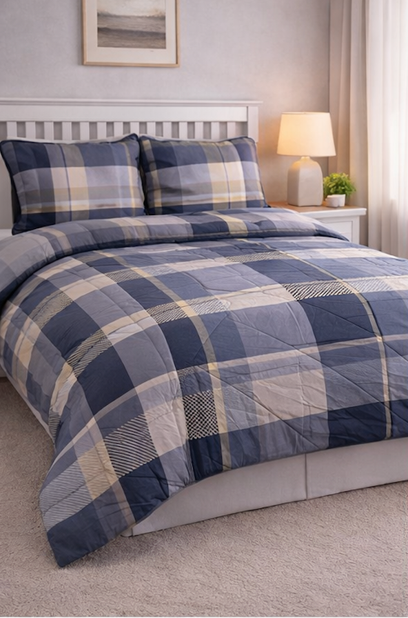 Aarniva Breathable Polyester Comforter Set | King/Queen | 250 GSM | Ultra-Soft & Cozy | Blue Square Design | 5-Piece Set