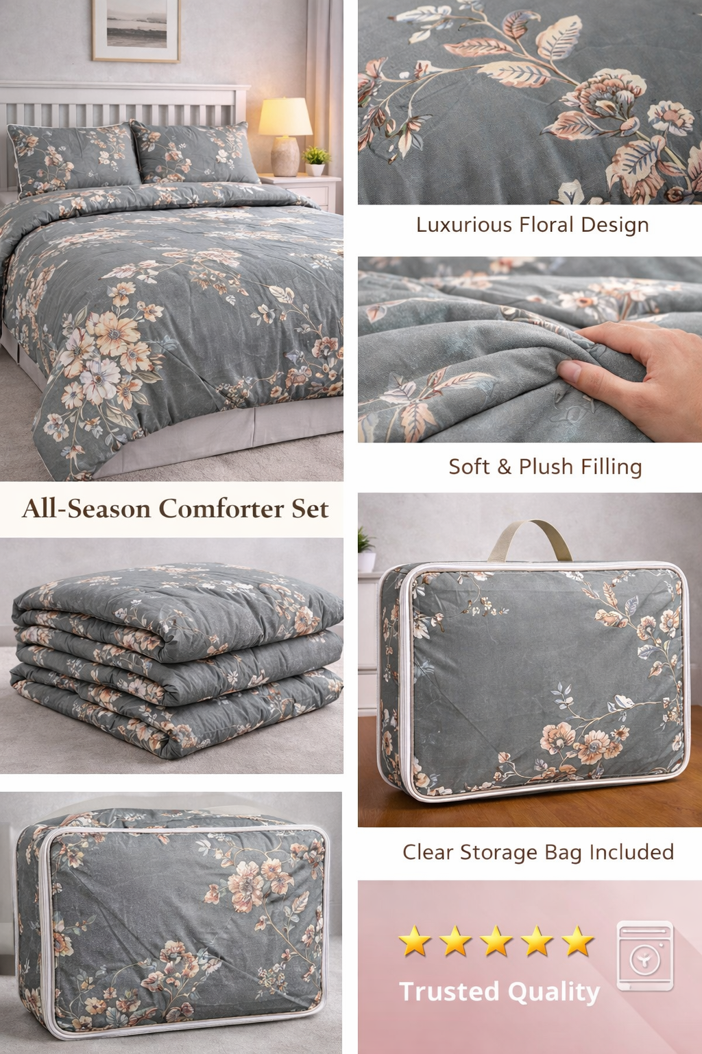 Aarniva Breathable Polyester Comforter Set | King/Queen | 250 GSM | Ultra-Soft & Cozy | Grey White Floral Design | Includes 2 Pillow Covers