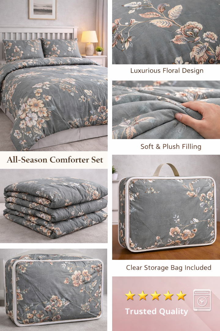 Aarniva Breathable Polyester Comforter Set | King/Queen | 250 GSM | Ultra-Soft & Cozy | Grey White Floral Design | Includes 2 Pillow Covers