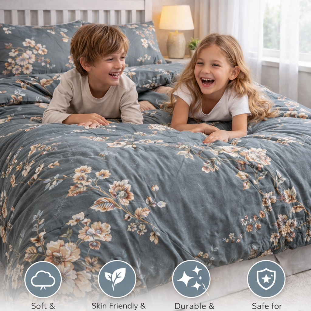 Aarniva Breathable Polyester Comforter Set | King/Queen | 250 GSM | Ultra-Soft & Cozy | Grey White Floral Design | 5-Piece Set