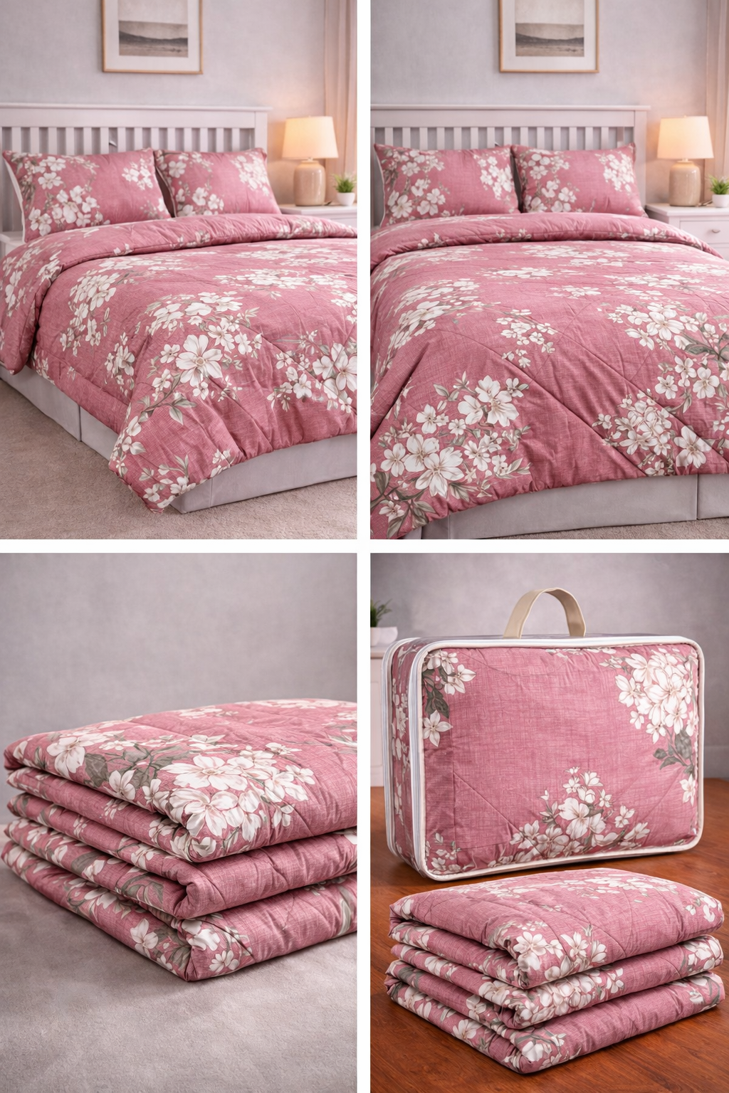 Aarniva Breathable Polyester Comforter Set | King/Queen | 250 GSM | Ultra-Soft & Cozy | Pink with White Flowers | Includes 2 Pillow Covers