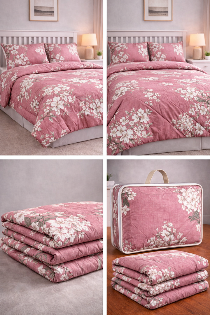 Aarniva Breathable Polyester Comforter Set | King/Queen | 250 GSM | Ultra-Soft & Cozy | Pink with White Flowers | Includes 2 Pillow Covers