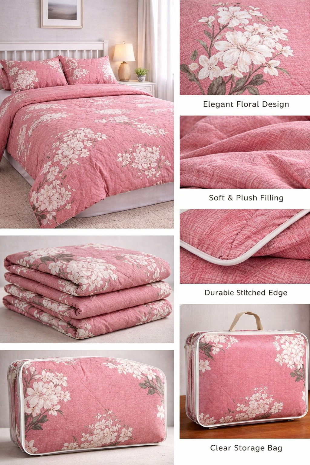 Aarniva Breathable Polyester Comforter Set | King/Queen | 250 GSM | Ultra-Soft & Cozy | Pink with White Flowers | Includes 2 Pillow Covers