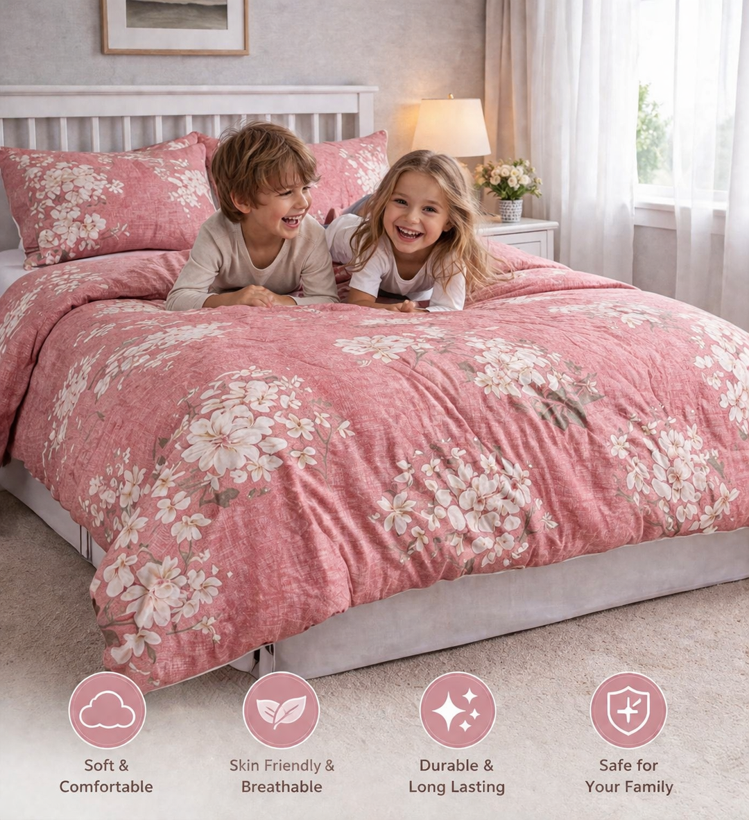 Aarniva Breathable Polyester Comforter Set | King/Queen | 250 GSM | Ultra-Soft & Cozy | Pink with White Flowers | Includes 2 Pillow Covers