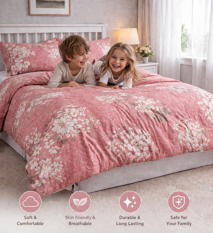 Aarniva Breathable Polyester Comforter Set | King/Queen | 250 GSM | Ultra-Soft & Cozy | Pink with White Flowers | Includes 2 Pillow Covers