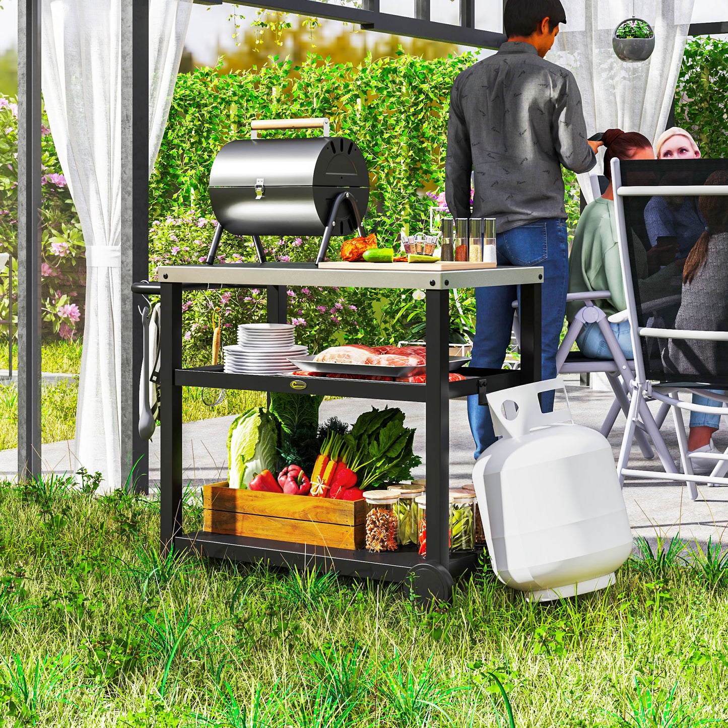 Outsunny 3-Shelf Outdoor Grill Dining Cart Pizza Oven Stand with Stainless Steel Top, Movable BBQ Food Prep Table Outdoor Kitchen Island with Hooks Wheels Handle, Charcoal Grey