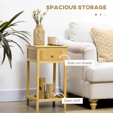 HOMCOM Bamboo Side Table with Drawer and Storage Shelf, Slim End Table Nightstand for Small Spaces, Natural