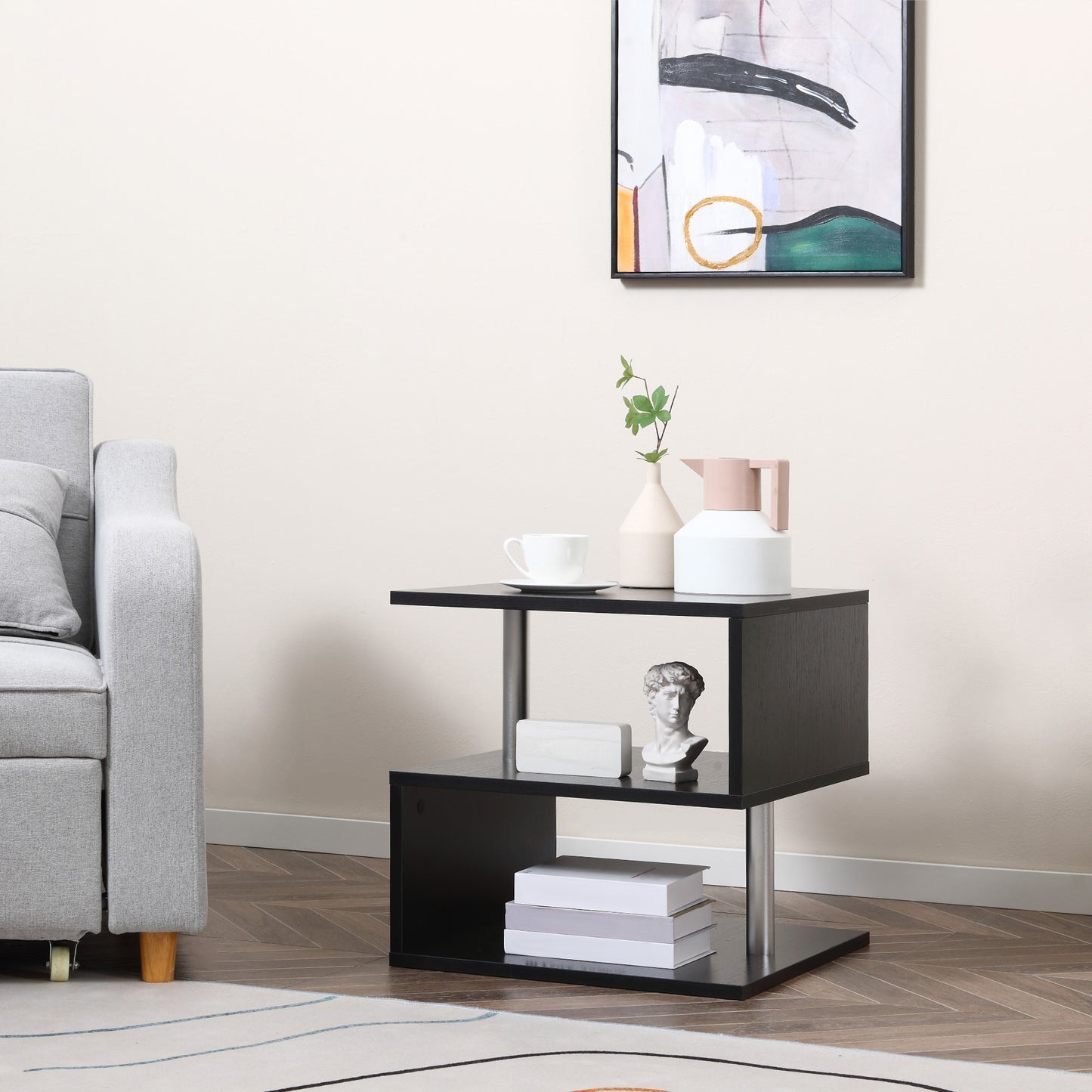 HOMCOM Wooden S Shape End Table 3 Tier Storage Shelves Organizer Living Room Side Table Desk Black