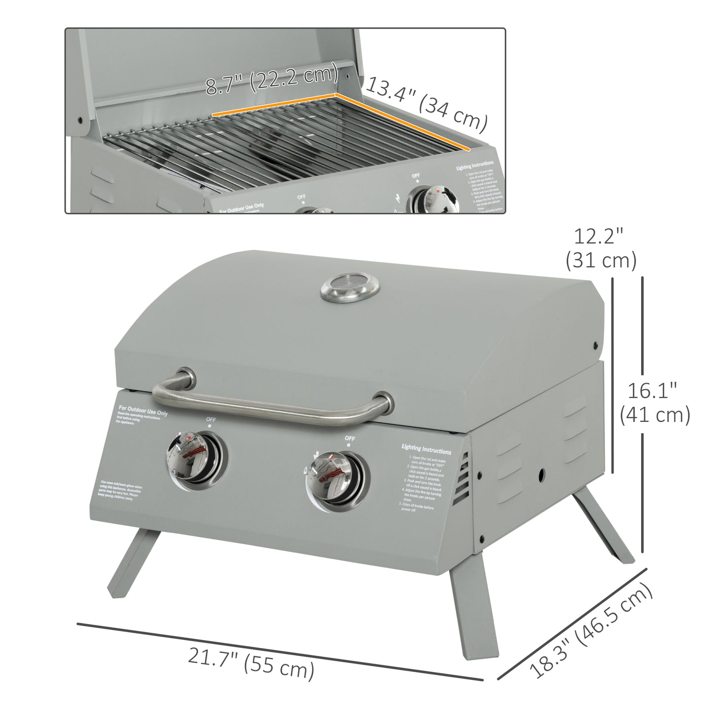 Outsunny 2 Burner Propane Gas Grill, Portable Tabletop BBQ with Foldable Legs, Lid, for Camping, Picnic, Silver