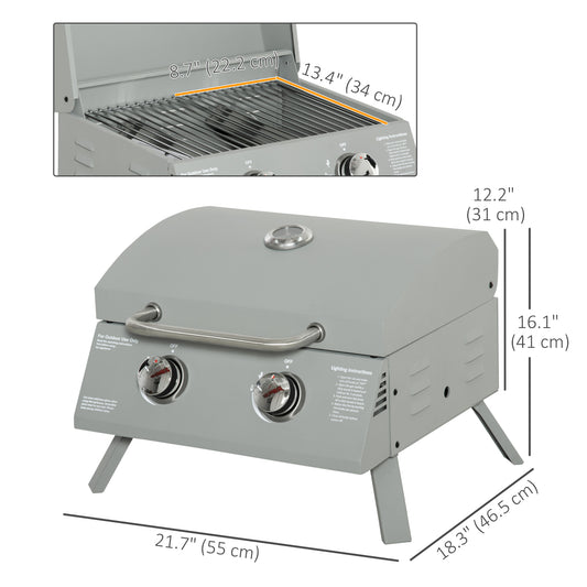 Outsunny 2 Burner Propane Gas Grill, Portable Tabletop BBQ with Foldable Legs, Lid, for Camping, Picnic, Silver