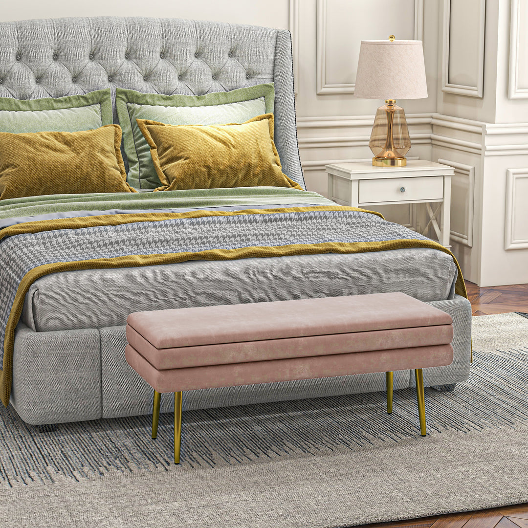 HOMCOM 39" Storage Ottoman, Velvet End of Bed Bench with Steel Legs, Foot Stool with Storage for Bedroom, Living Room, Pink