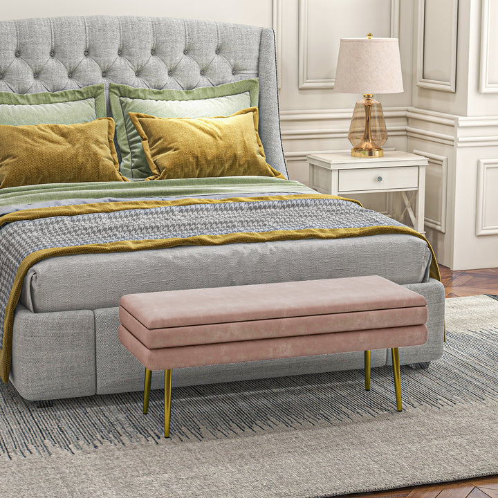 HOMCOM 39" Storage Ottoman, Velvet End of Bed Bench with Steel Legs, Foot Stool with Storage for Bedroom, Living Room, Pink