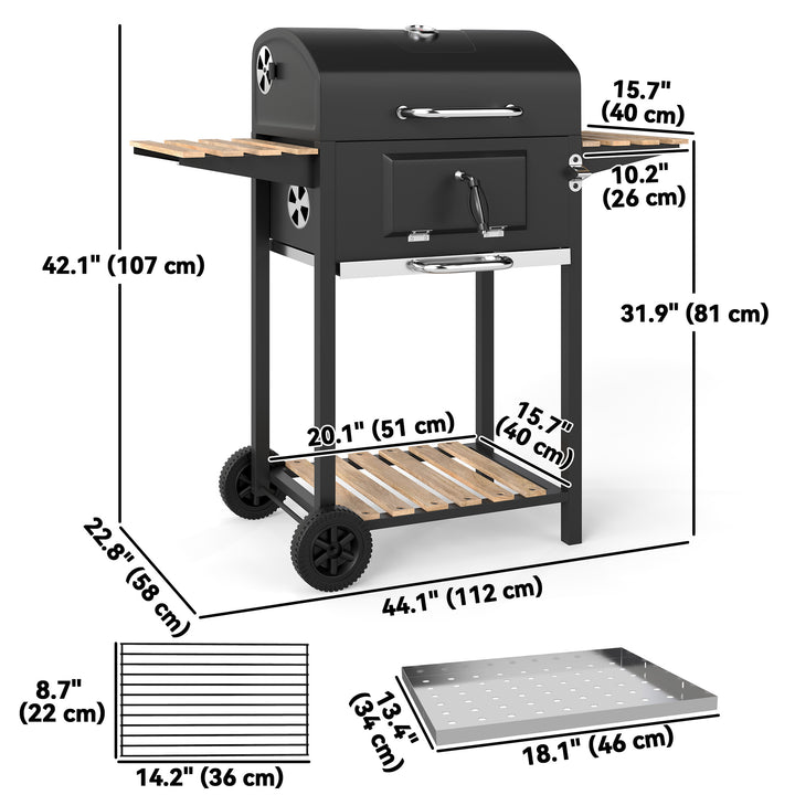 Outsunny 20" Charcoal BBQ Grill Barbecue on Wheels with Adjustable Charcoal Pan, Spacious Cooking Area, 3 Shelves, Thermometer