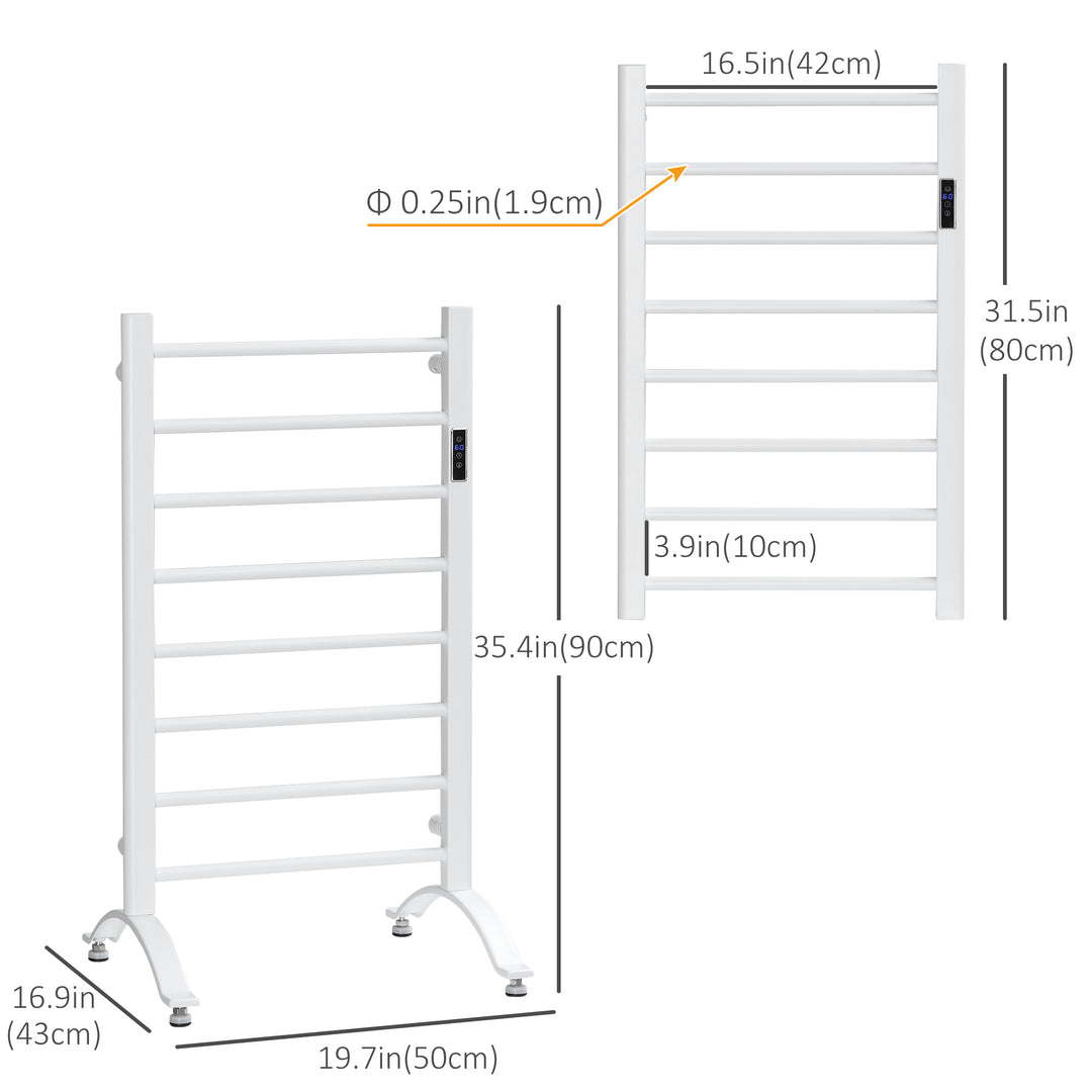 HOMCOM 8-Bar Heated Towel Warmer Rack with Built-in Timer and LED Indicators, Wall Mounted & Free Standing Carbon Steel Electric Towel Bar with Adjustable Temperature, White
