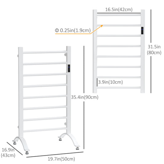 HOMCOM 8-Bar Heated Towel Warmer Rack with Built-in Timer and LED Indicators, Wall Mounted & Free Standing Carbon Steel Electric Towel Bar with Adjustable Temperature, White